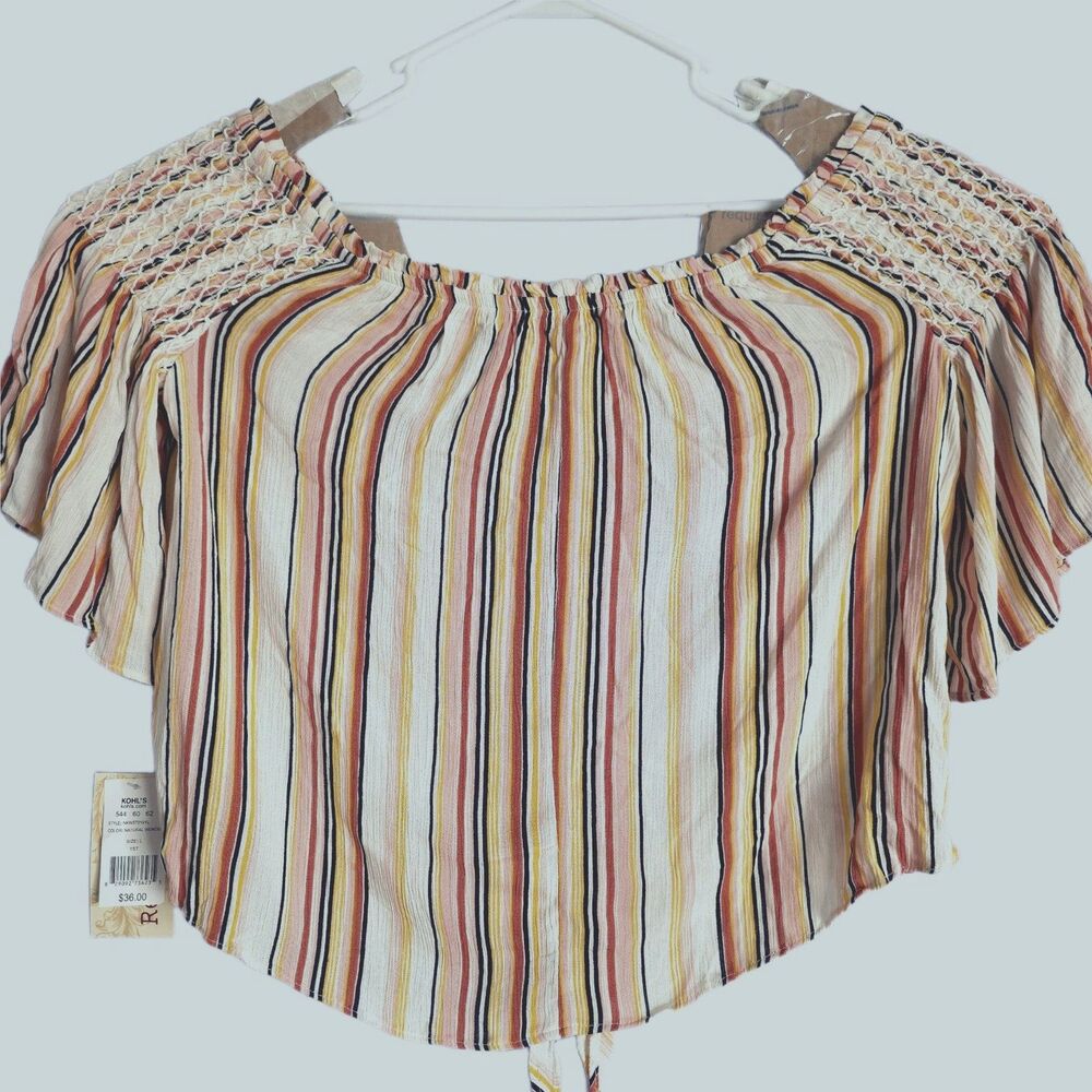 Boho Retro Striped Off Shoulder Tie Front Crop Top Large NWT